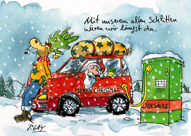 Peter Gaymann Postkarte Weihnachten E-Auto