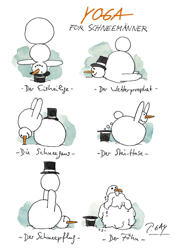 Peter Gaymann Postkarte Weihnachten Yoga für Schneemänner