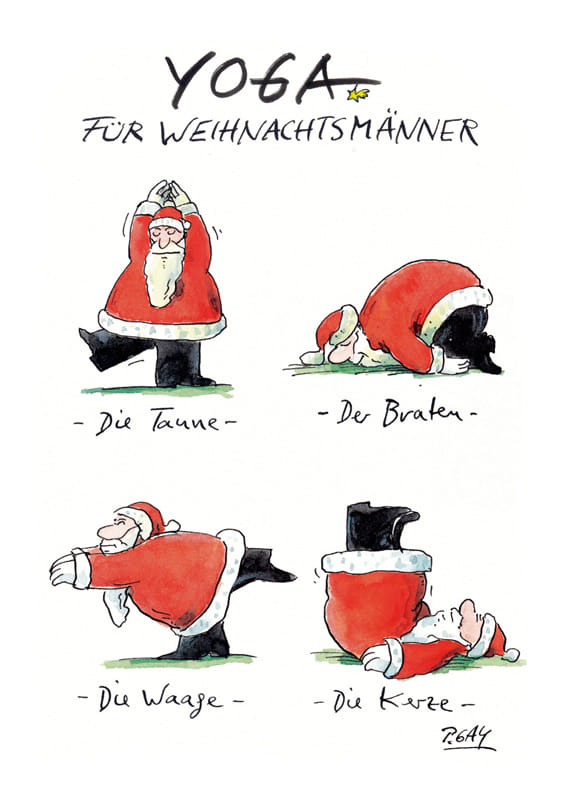 Peter Gaymann Doppelkarte Yoga für Weihnachtsmänner