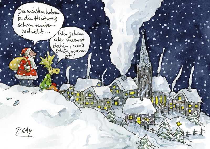 Peter Gaymann Postkarte Weihnachten Heizung runtergedreht