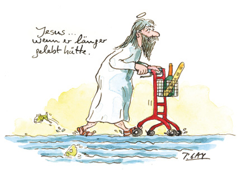 Peter Gaymann Postkarte Jesus Rollator