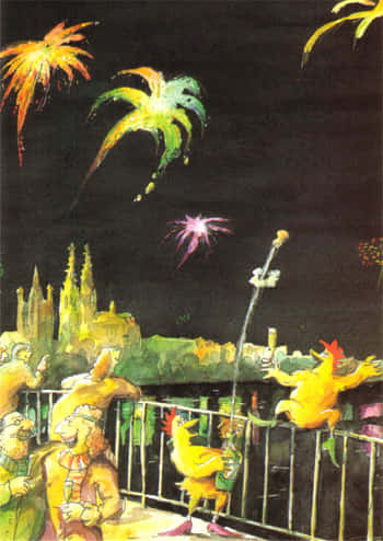 Peter Gaymann Postkarte Köln Feuerwerk